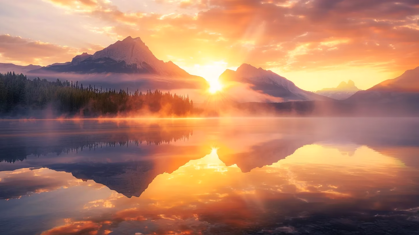 Tips for Achieving Stunning Fountain Design at Home 2 a vibrant sunrise illuminates a serene lake, reflecting the majestic mountains in the background, with mist gently rising from the water's surface.