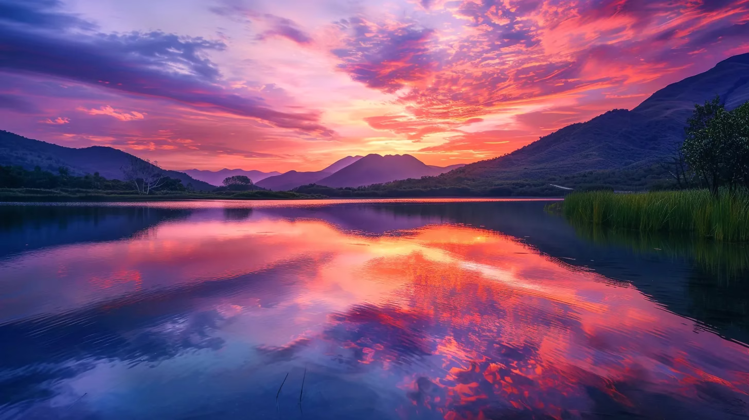 Steel Fountain Styles That Enhance Any Landscape 1 a vibrant sunset casts a brilliant orange and purple glow over a tranquil lake, reflecting the serene beauty of the surrounding mountains and lush greenery.
