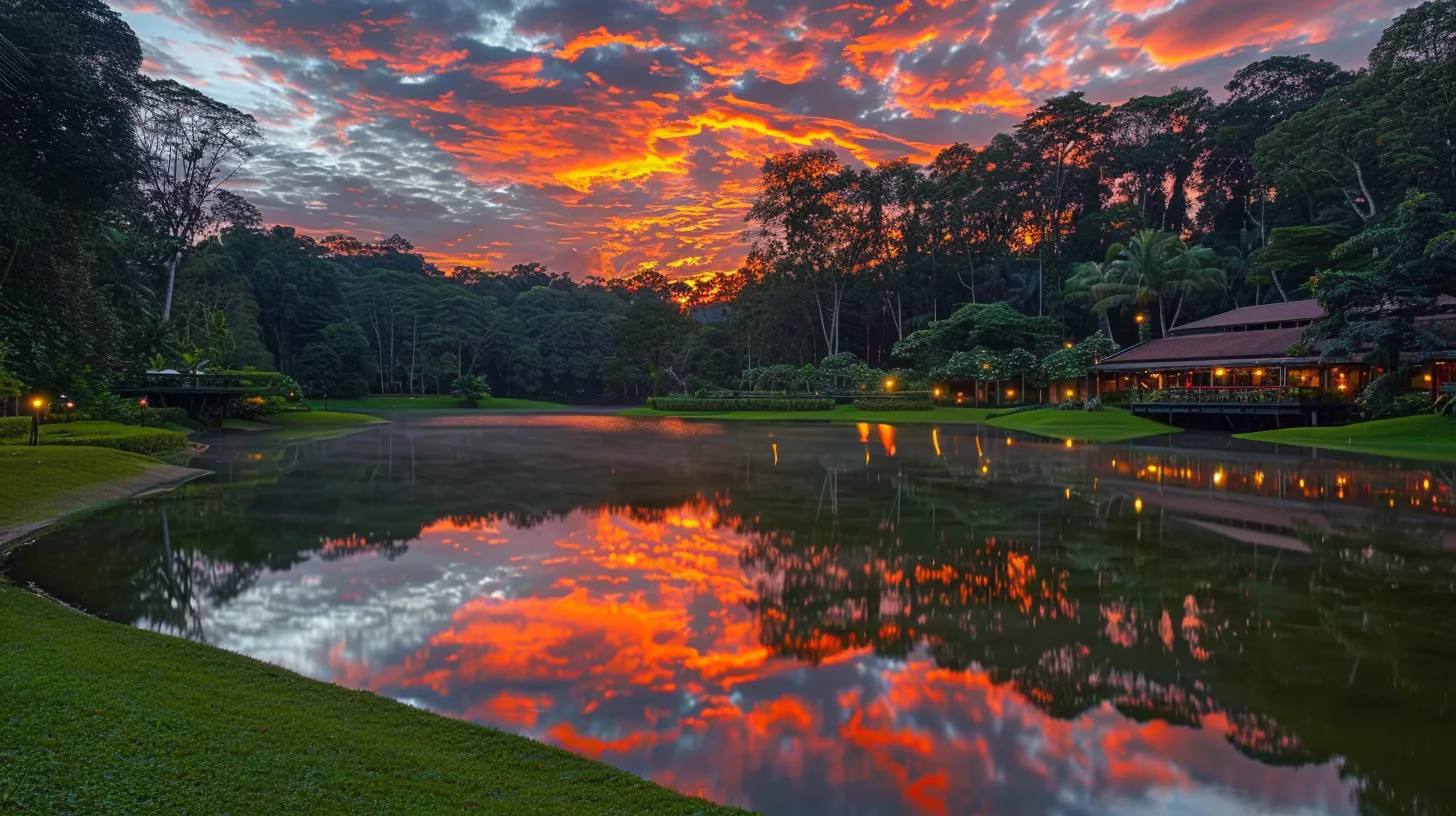 Transform Your Yard With a Beautiful Garden Fountain 3 a vibrant sunset casts a golden hue over a serene lake, reflecting the fiery colors of the sky and surrounding lush greenery, evoking a sense of tranquility and harmony with nature.