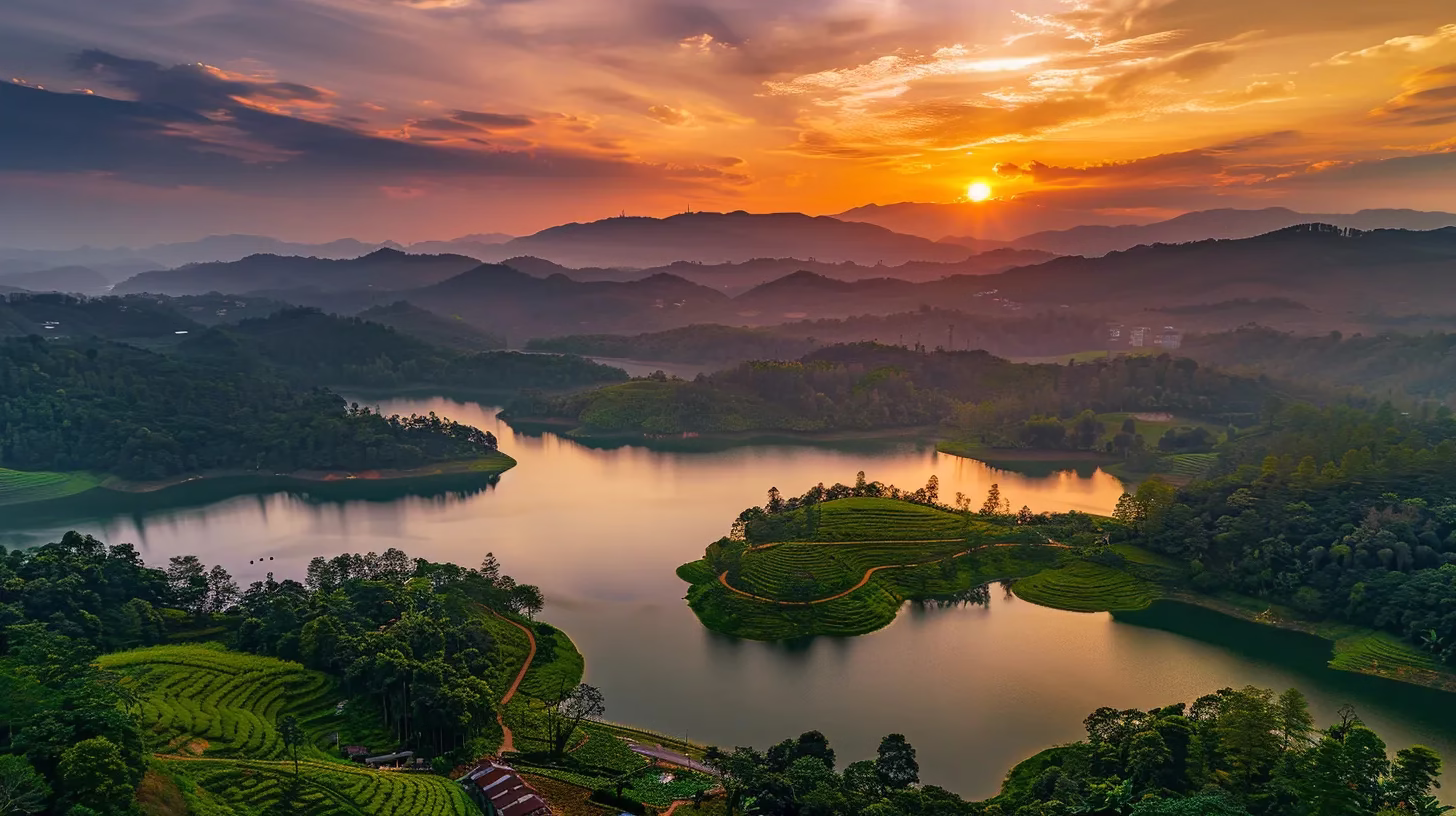 Understanding the Impact of Black Water on Ecosystems 5 a vibrant sunset casts a golden hue over a serene landscape, where lush green hills gently roll towards a tranquil lake reflecting the dazzling colors of the sky.