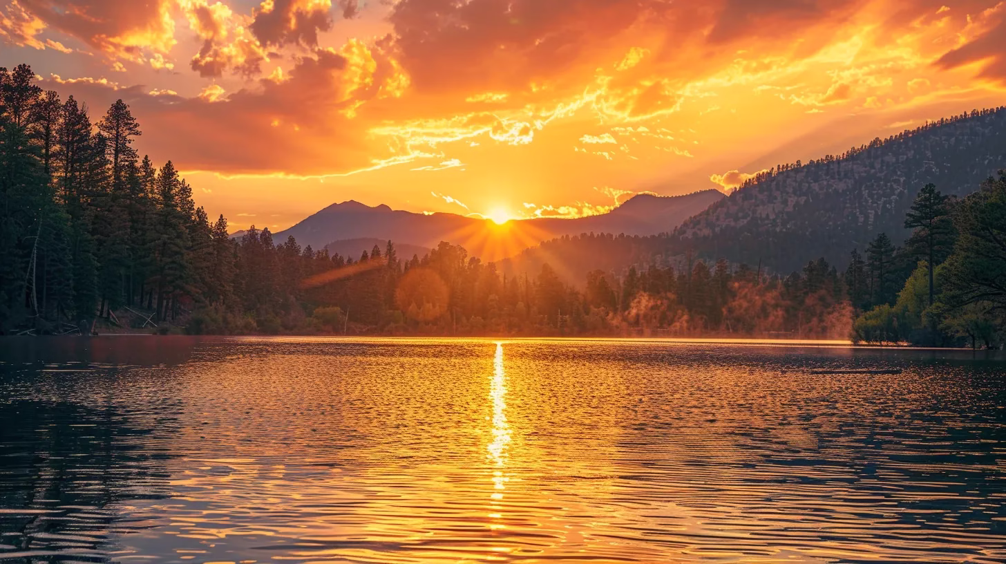 Experience Vegas With Kitchens for Memorable Stays 3 a vibrant sunset casts a warm golden glow over a tranquil lake, surrounded by lush, dense forests and silhouetted mountains, creating a serene and picturesque landscape.