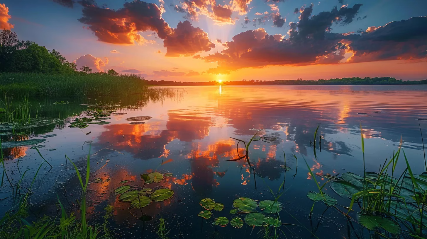 a vibrant sunset casts a warm glow over a serene lake, reflecting the fiery colors of the sky and surrounded by lush greenery, creating a tranquil and picturesque landscape.