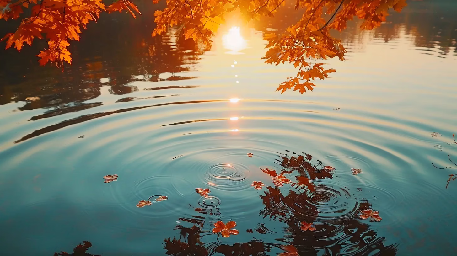 Incorporating a Square Fountain Into Your Backyard 2 a vibrant sunset casts a warm glow over a tranquil lake, with ripples gently distorting the reflection of colorful autumn leaves hanging from surrounding trees.