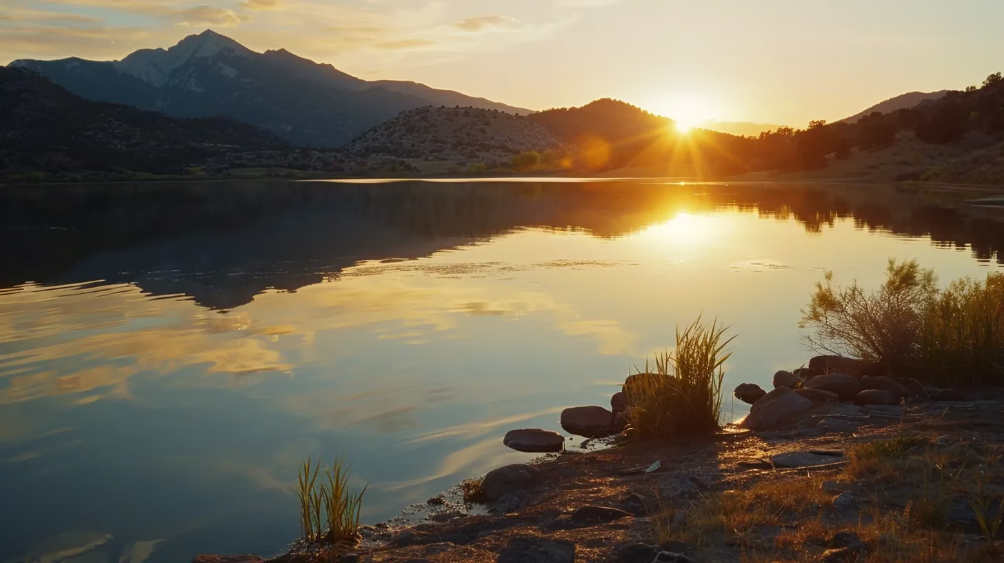 Slate Water Feature Maintenance Tips for Homeowners 5 a vibrant sunset casts a warm golden glow over a tranquil lake, where rugged mountains rise majestically in the background, reflecting on the still water's surface.