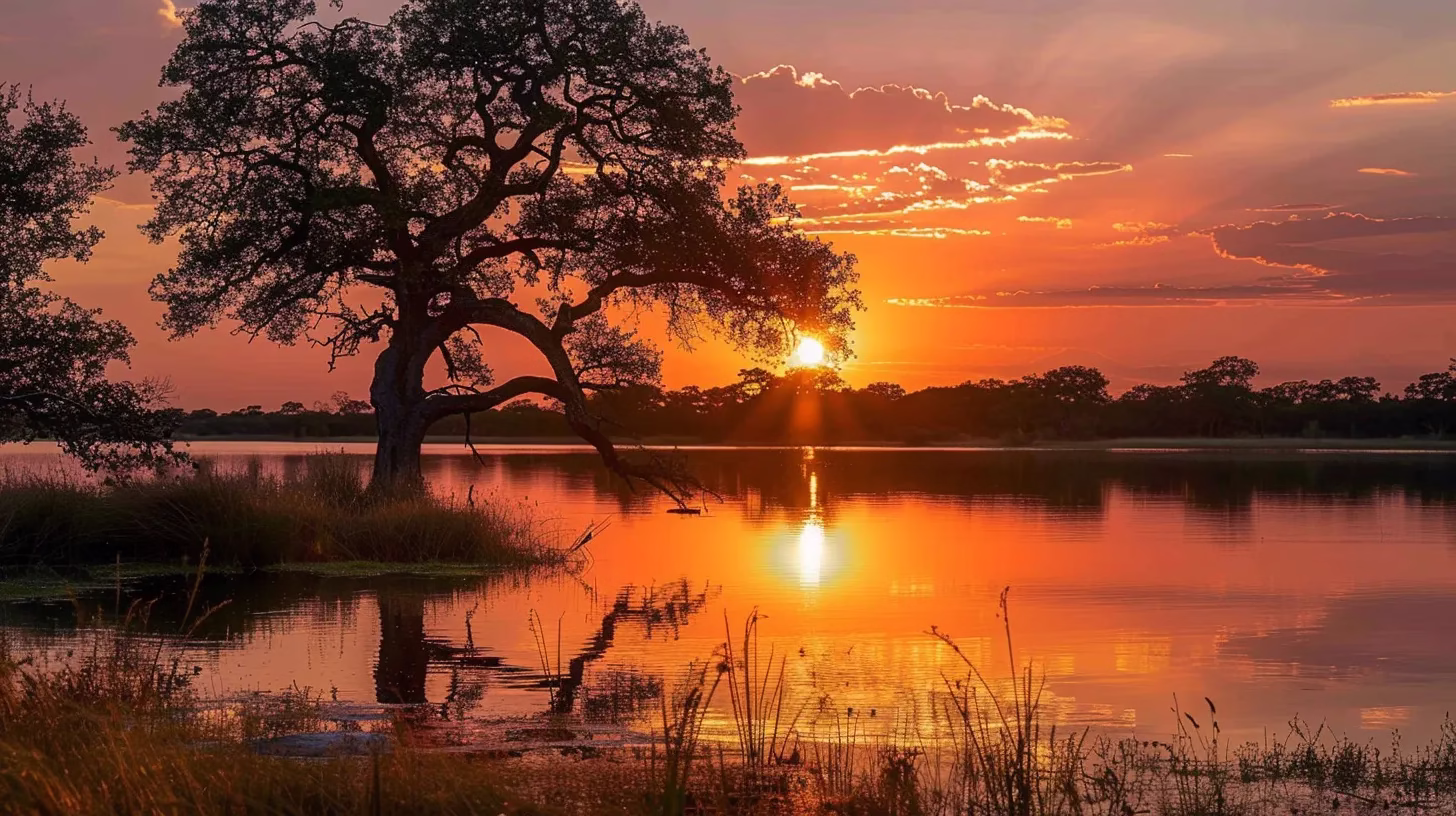 Benefits of Rain Water Harvesting for Sustainable Living 1 a vibrant sunset casts a golden glow over a serene lake, reflecting the brilliant hues of orange and pink while silhouetted trees frame the tranquil waters.
