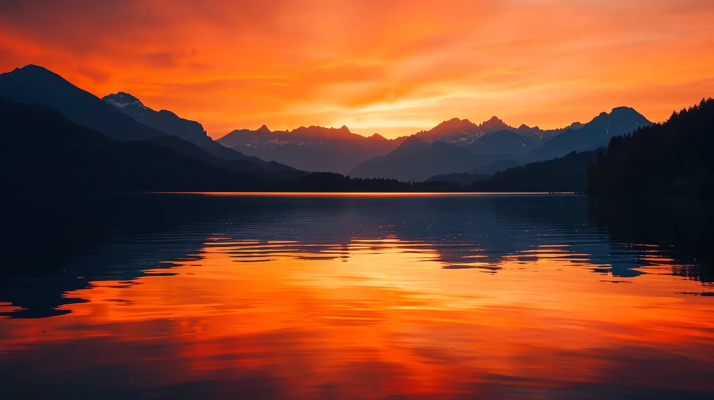 Finding the Perfect Indoor Mirror for Your Home 3 a vibrant sunset casts a warm glow over a tranquil lake, with silhouettes of majestic mountains reflecting softly in the still water.