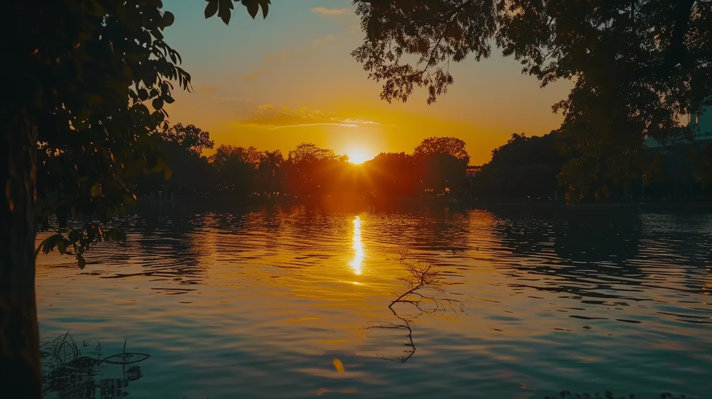 Plan Your Perfect Casino Tour With These Tips 6 a vibrant sunset casts a warm golden glow over a tranquil lake, with silhouetted trees framing the serene reflection of the colorful sky on the water's surface.