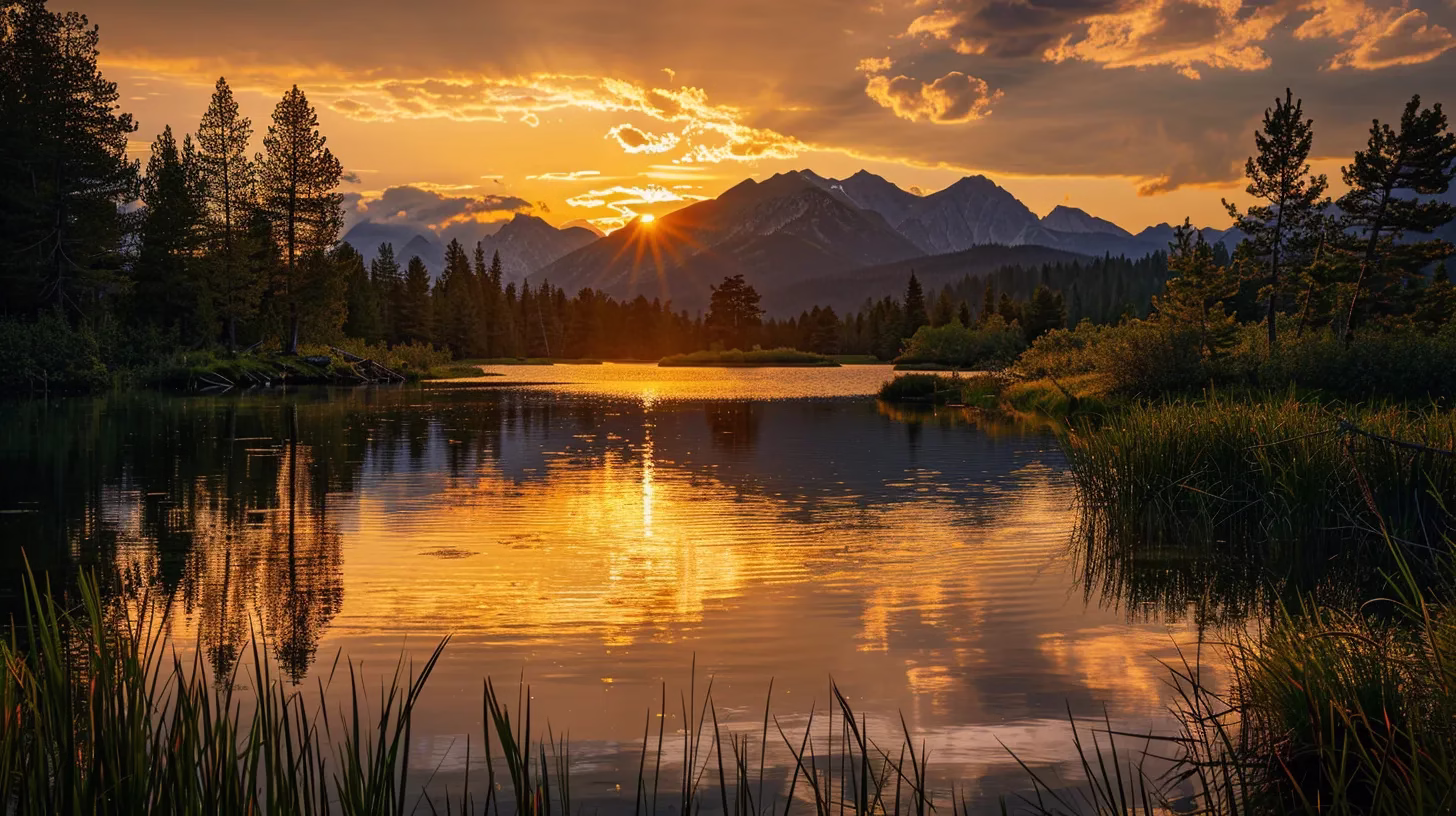 Incorporating a Square Fountain Into Your Backyard 5 a vibrant sunset casts a golden glow over a tranquil lake, reflecting the silhouettes of towering mountains and lush trees that frame the serene water's edge.