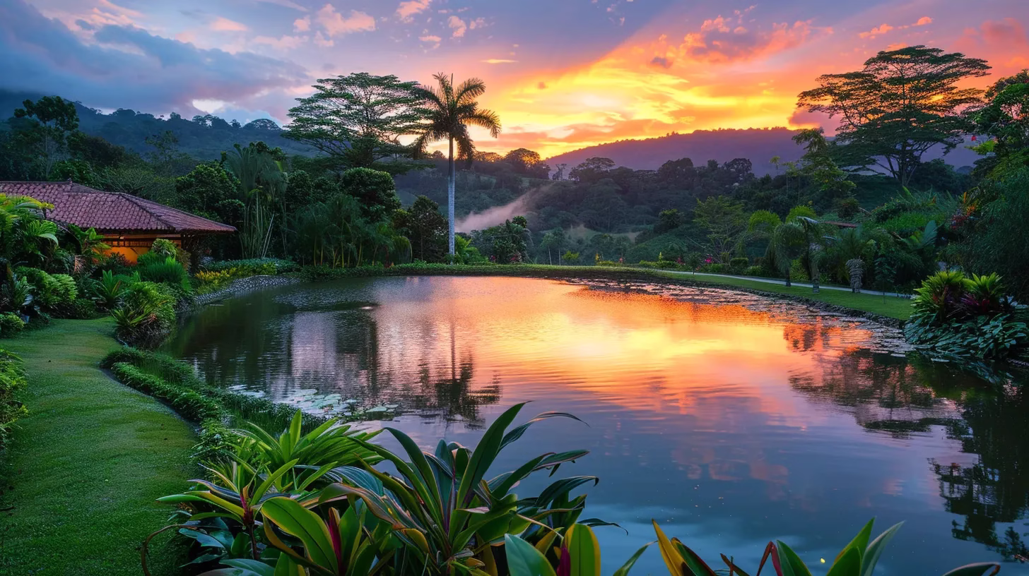 a vibrant sunset casts a golden glow over a serene, tranquil lake, reflecting the colorful hues of the sky and surrounded by lush greenery.