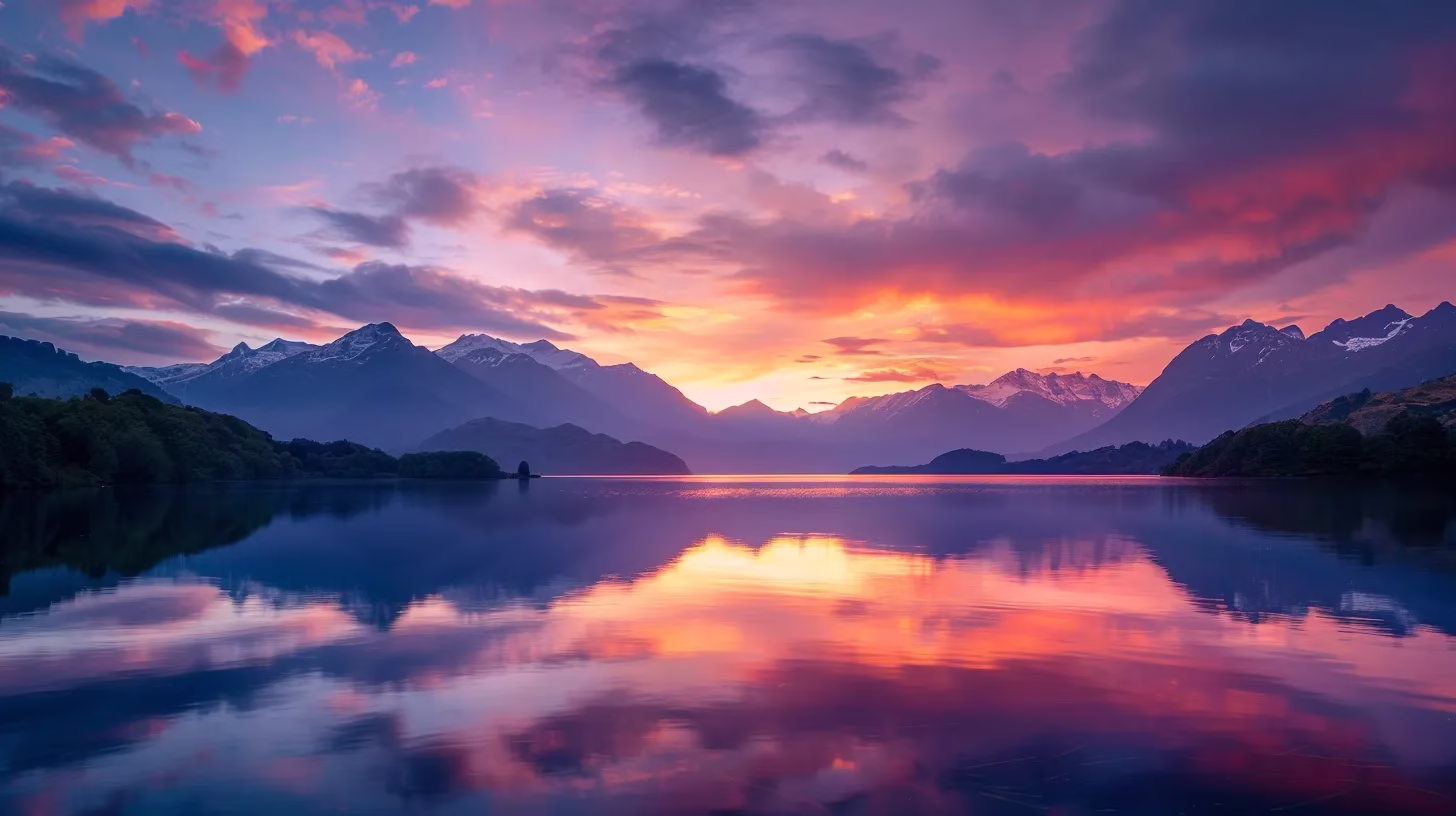 Enhance Your Garden With Stone Water Features 4 a vibrant sunset casts a warm glow over a serene lake, with majestic mountains reflecting on the water's surface, creating a breathtaking and tranquil atmosphere.