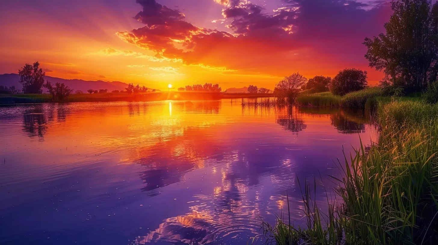 The Art of Building a Natural Rock Wall 1 a vibrant sunset casts a warm glow over a tranquil lake, reflecting the brilliant hues of orange and purple in the sky, surrounded by lush greenery and distant mountains.