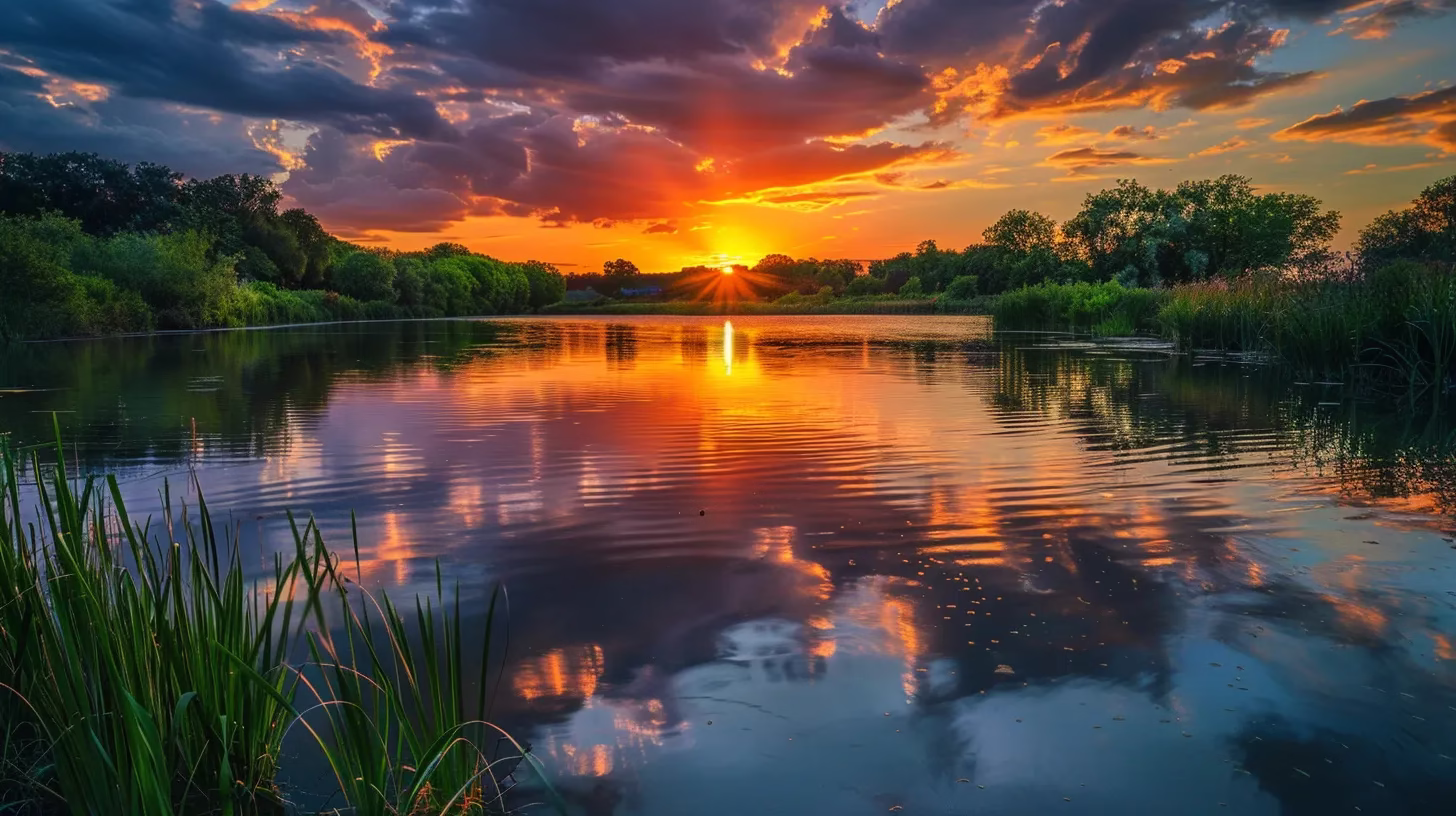 Explore Local Parks With Stunning Fountains Nearby 5 a vibrant sunset casts a golden glow over a serene lake, reflecting the colorful sky and surrounding lush greenery, creating a tranquil and captivating atmosphere.
