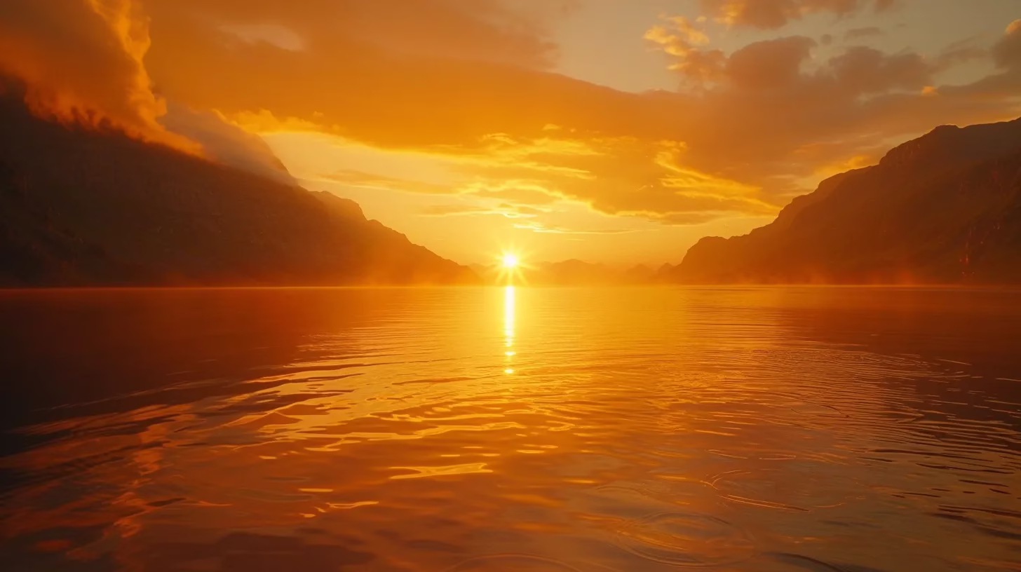 Elements to Consider for a Custom Hanging Water Feature 1 a vibrant sunset casts a warm golden glow over a serene lake, where mist lightly hovers above the water’s surface, creating a peaceful and ethereal atmosphere.