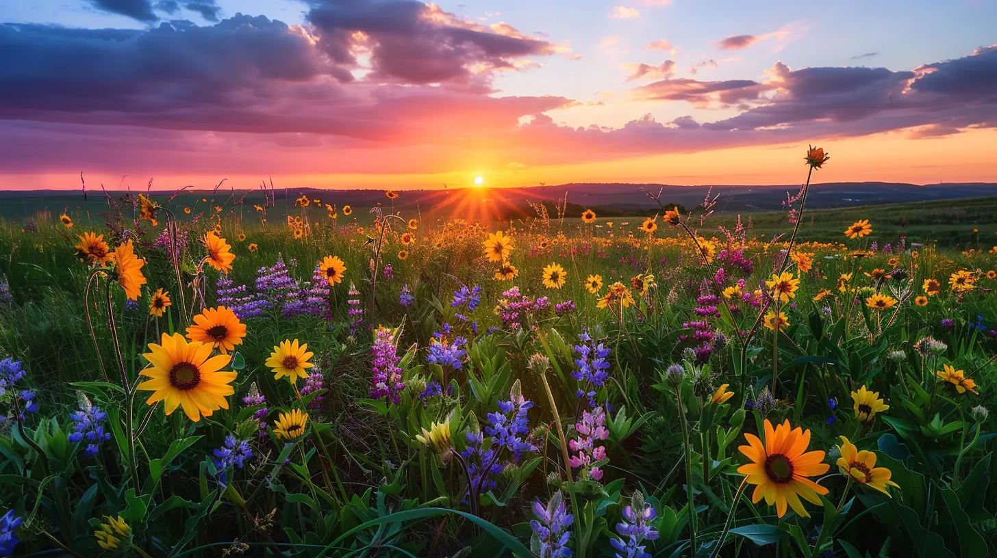 Elevate Your Decor With a Captivating Floor Waterfall 5 a vibrant sunset casts a warm glow over an expansive field of blooming wildflowers, creating a mesmerizing tapestry of colors against the dramatic skyline.