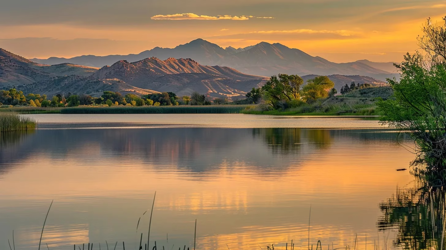 Transform Your Space With a Stunning Fall Water Feature 3 a vibrant sunset casts a golden glow over a tranquil lake, where towering mountains reflect perfectly on the water’s surface, creating a serene and breathtaking landscape.