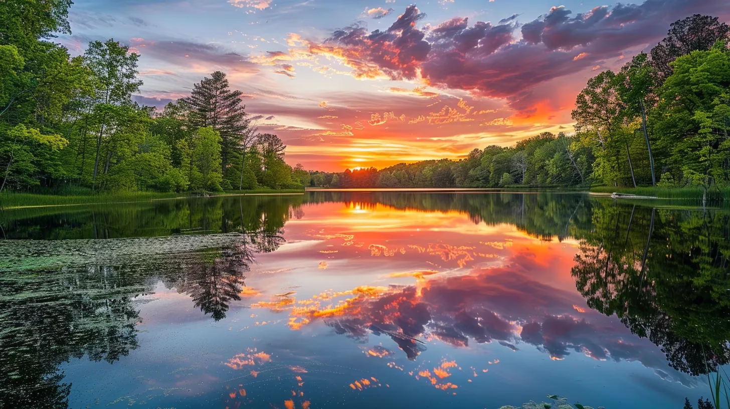 Create a Relaxing Ambiance With Square Water Features 3 a vibrant sunset casts a warm glow over a tranquil lake, reflecting the fiery colors of the sky and surrounded by lush, emerald trees.