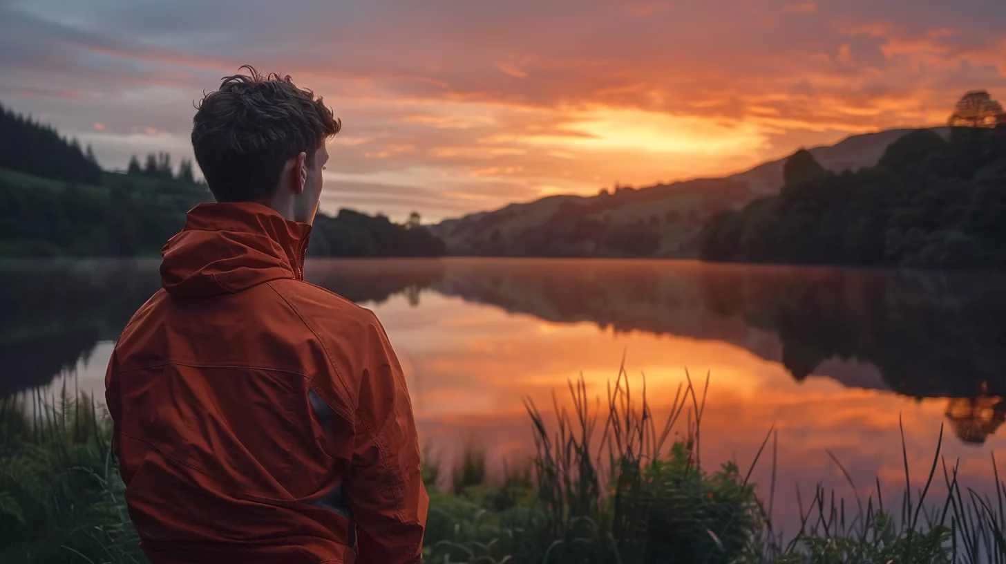 Choosing the Right Materials for Fountain Walls 4 a vibrant sunset casts a warm glow over a tranquil lake, reflecting the fiery hues of orange and pink across its glassy surface, framed by lush green trees.
