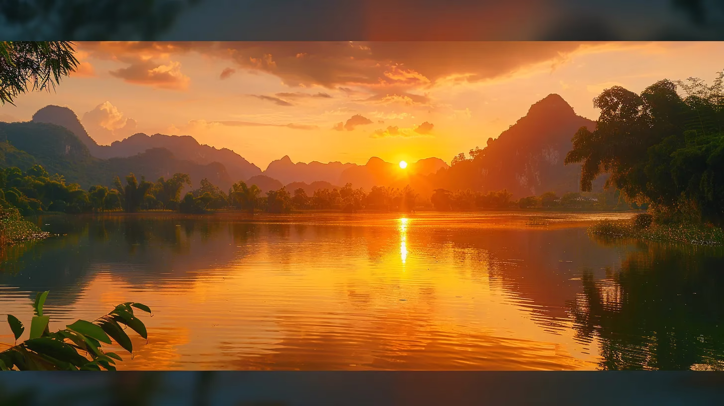 Benefits of Installing a Metal Water Feature Outdoors 4 a vibrant sunset casts a warm golden glow over a tranquil lake, reflecting the lush greenery and dramatic mountains that frame the serene landscape.