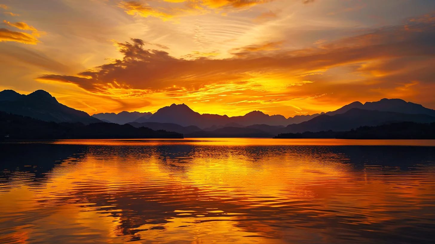 Create a Relaxing Atmosphere With a Pool Fountain 2 a vibrant sunset casts a golden glow over a tranquil lake, with the silhouette of majestic mountains reflecting in the still waters, creating a breathtaking harmony of nature.