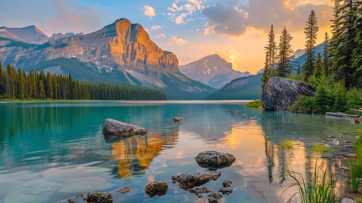 Transform Your Space With Freestanding Fountains 2 a vibrant sunset casts a warm golden glow over a tranquil lake, where majestic mountains rise in the background, creating a serene and picturesque landscape.