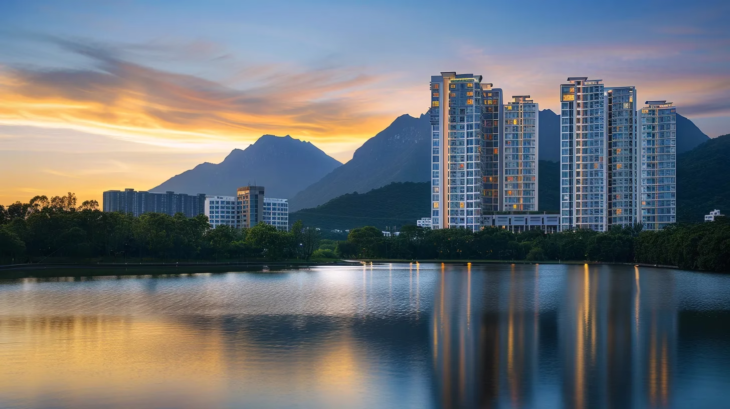 Create an Eye-Catching Water Display at Home 5 a vibrant sunset casts a warm golden glow over a serene lake, reflecting the majestic silhouettes of towering mountains in the distance under a clear, azure sky.