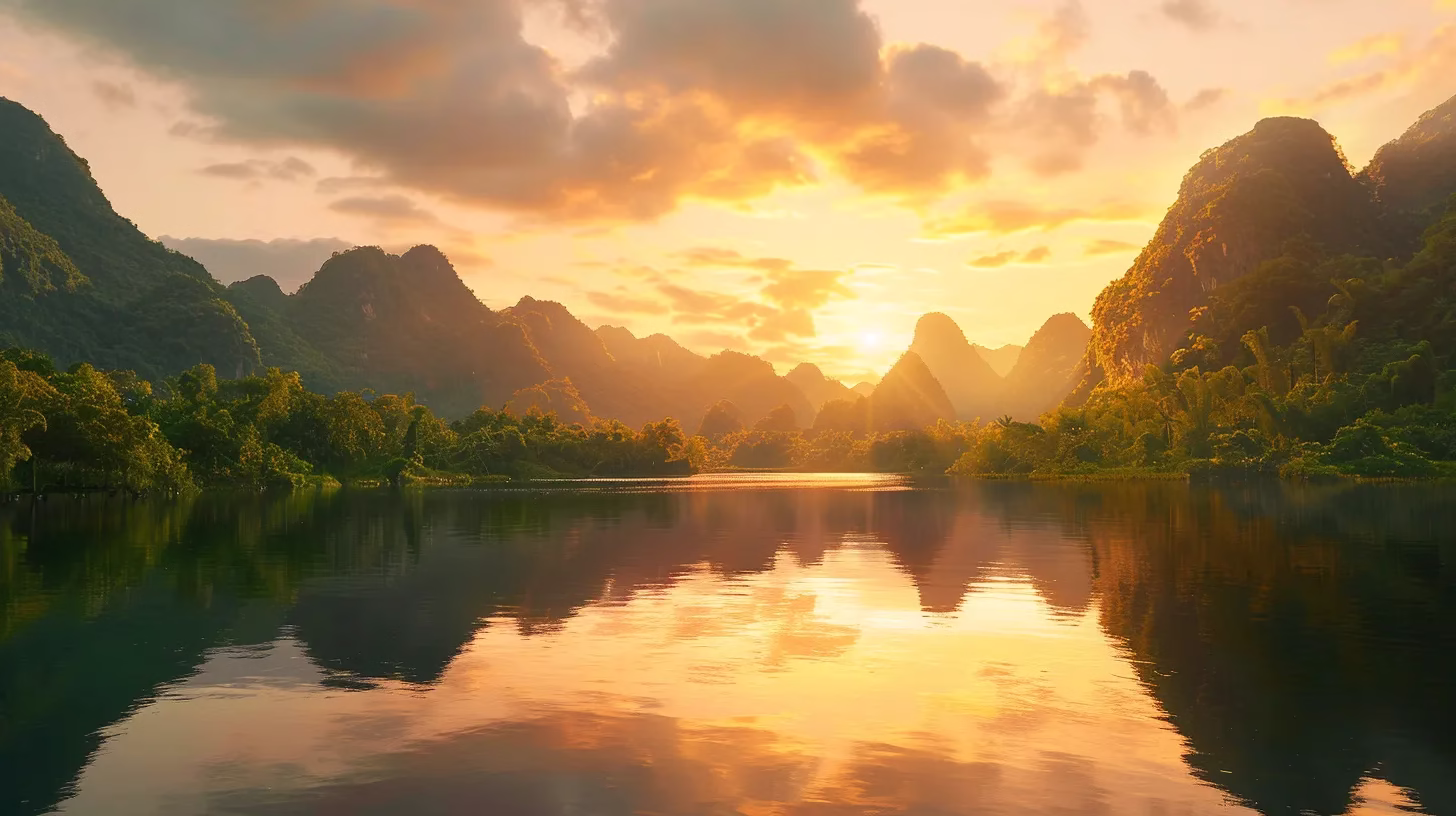 Find Great Deals Near Me for Sale Today 2 a vibrant sunset casts a warm, golden glow over a tranquil lake surrounded by lush, verdant mountains, reflecting the rich colors of the sky in its smooth surface.