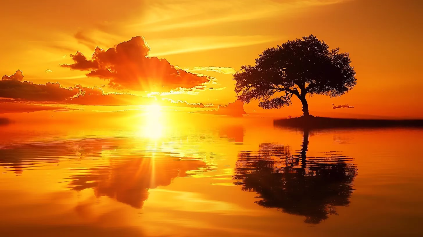 Outdoor Rain Safety: Best Practices for Weather Challenges 6 a vibrant sunset casts a warm golden glow over a tranquil lake, reflecting the fiery sky and silhouetted trees in perfect harmony.