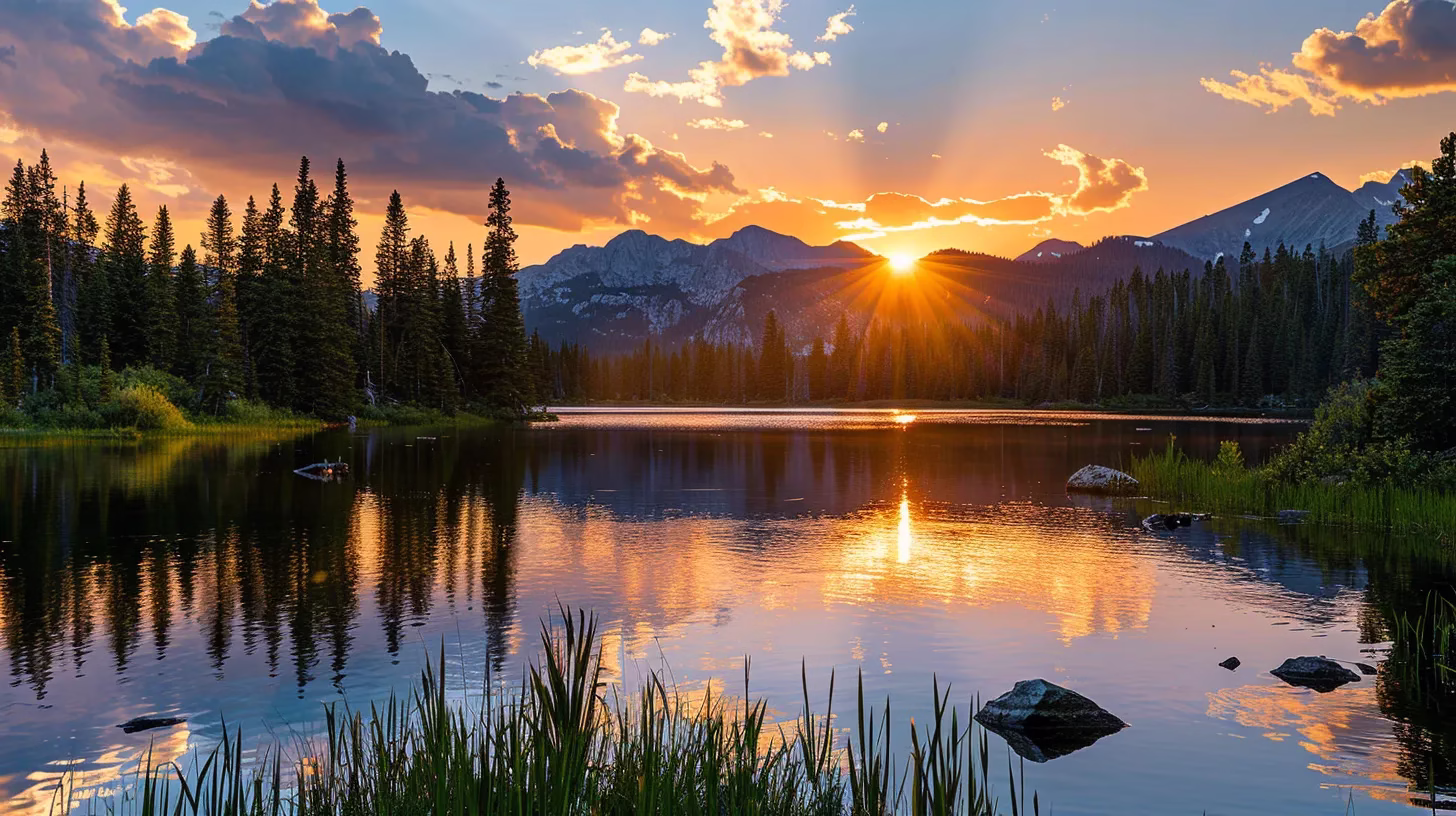 How Water Sculpture Elevates Landscape Design 3 a vibrant sunset casts a warm golden glow over a serene lake, surrounded by majestic mountains and lush pine trees reflecting beautifully on the water's surface.
