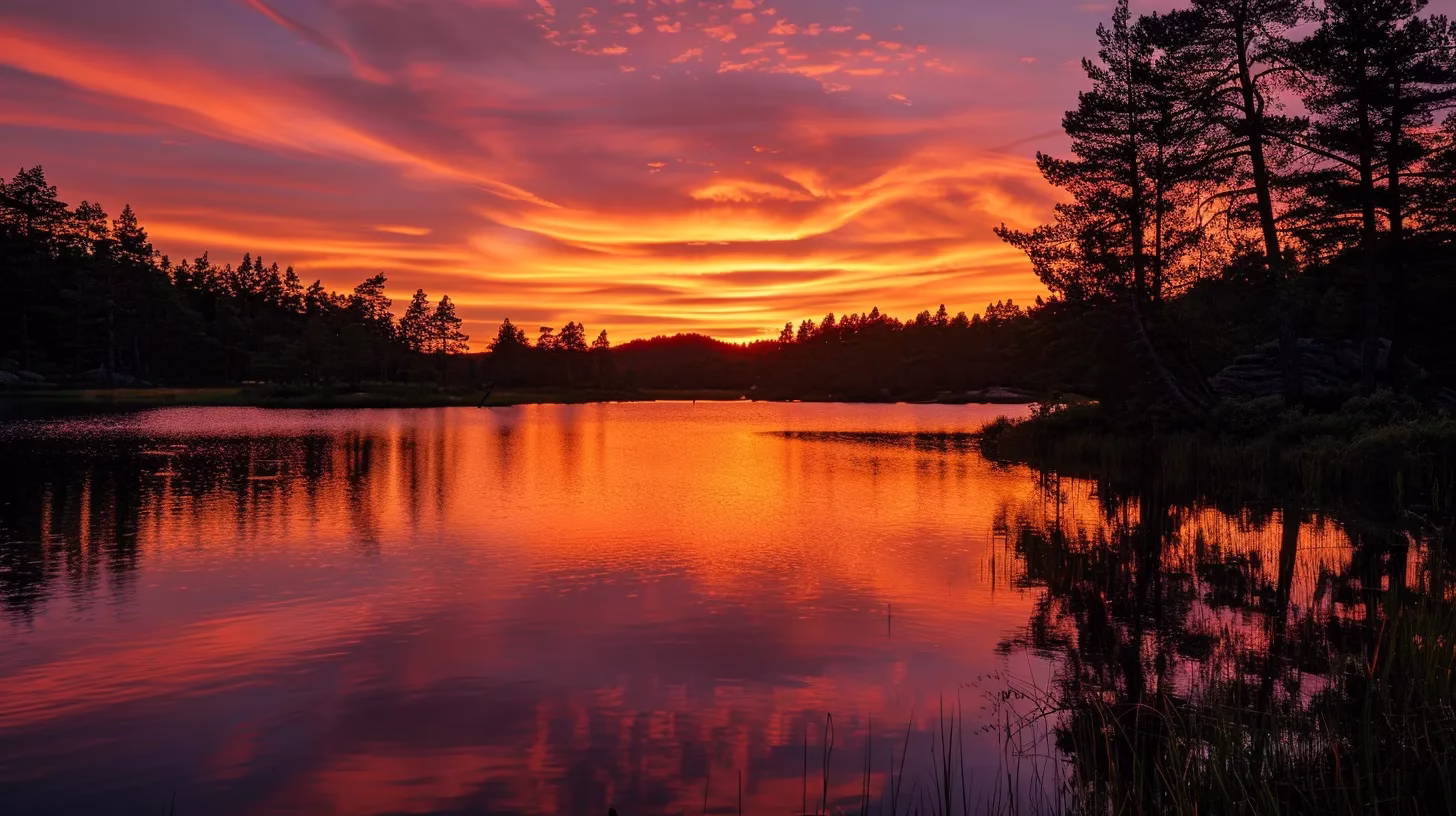 Exploring the Best Water Fountains Near Your Location 2 a vibrant sunset casts a golden glow over a tranquil lake, reflecting the fiery hues of orange and pink in the sky, while silhouettes of tall pine trees frame the serene landscape.