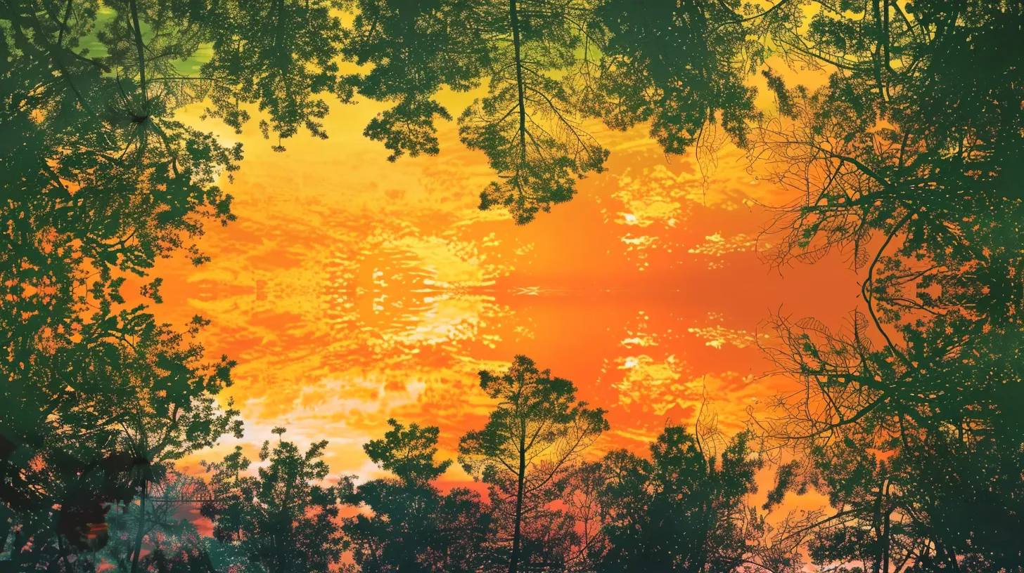 How Water Sculpture Elevates Landscape Design 2 a vibrant sunset casts a warm, golden glow over a tranquil lake, where the still waters perfectly reflect the brilliant hues of the sky and silhouette of evergreen trees framing the scene.
