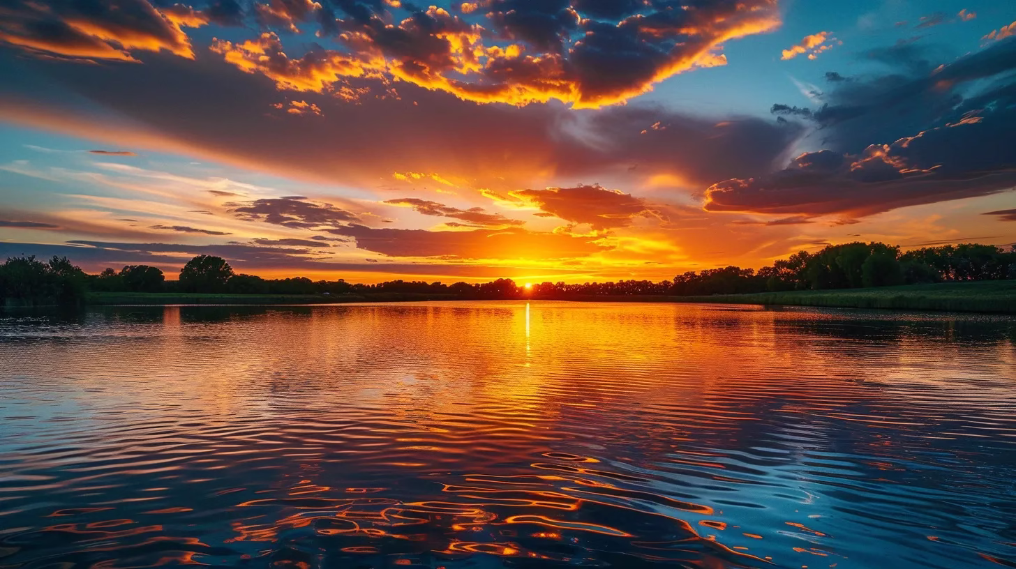 Experience Vegas With Kitchens for Memorable Stays 1 a vibrant sunset casts a warm golden hue over a tranquil lake, where the still waters perfectly reflect the fiery sky and surrounding lush greenery.