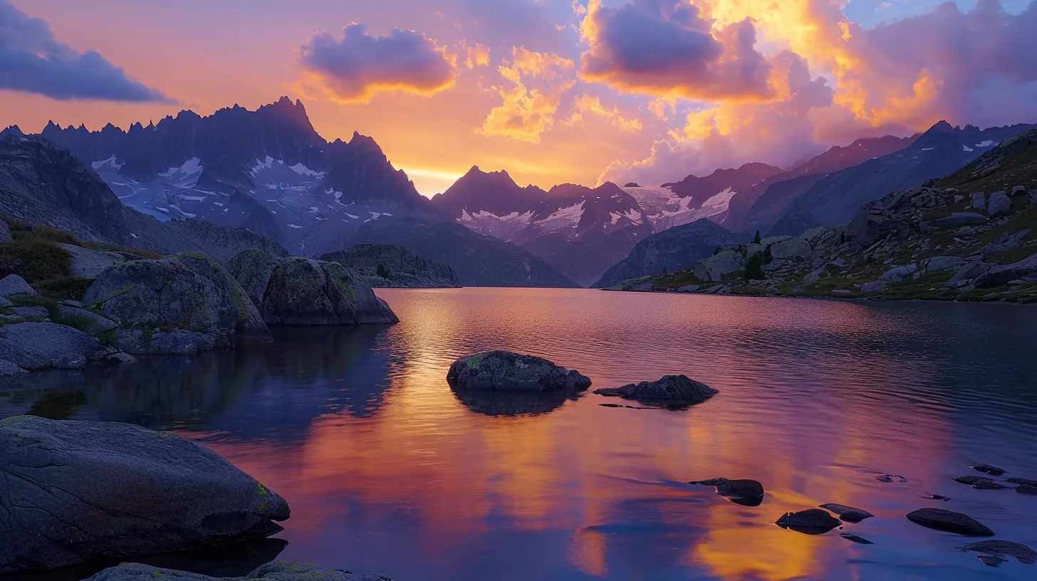Creating Calm: The Benefits of a Desk Waterfall 2 a vibrant sunset casts a golden glow over a tranquil lake, surrounded by majestic mountains, reflecting shimmering hues of orange and purple in the serene water.
