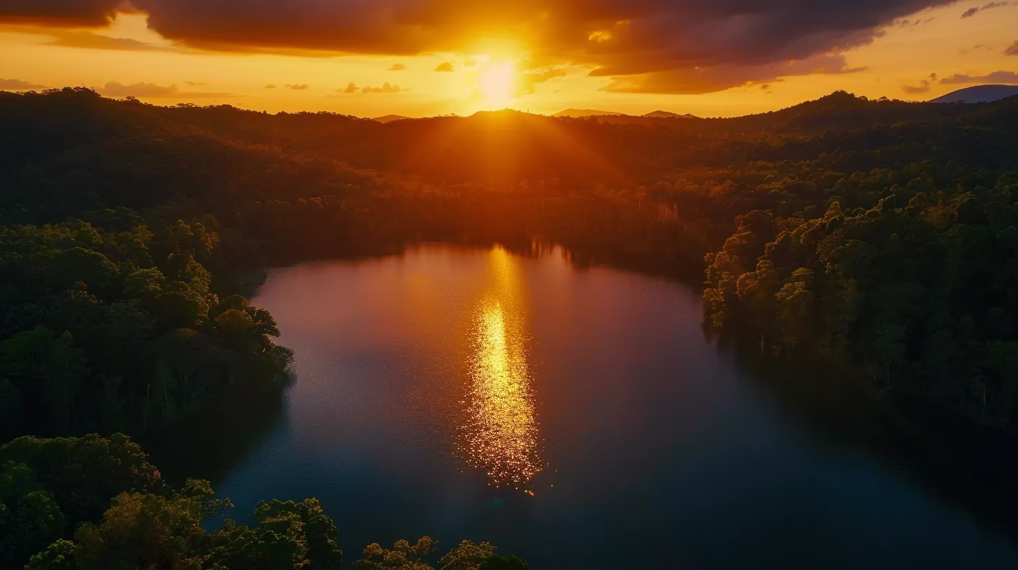 Elements to Consider for a Custom Hanging Water Feature 2 a vibrant sunset casts a golden glow over a serene lake, reflecting the fiery colors of the sky and surrounded by lush, emerald-green trees, creating a tranquil and captivating landscape.