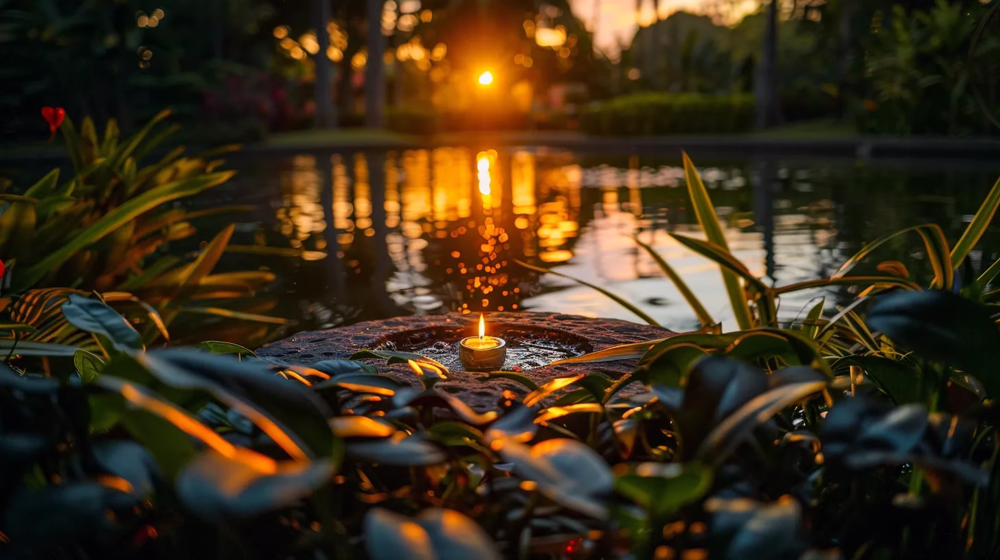 Interior Water Feature Ideas for Serene Living Spaces 4 a vibrant sunset casts a warm golden glow over a tranquil lake, its surface mirroring the fiery hues of the sky, framed by lush greenery.