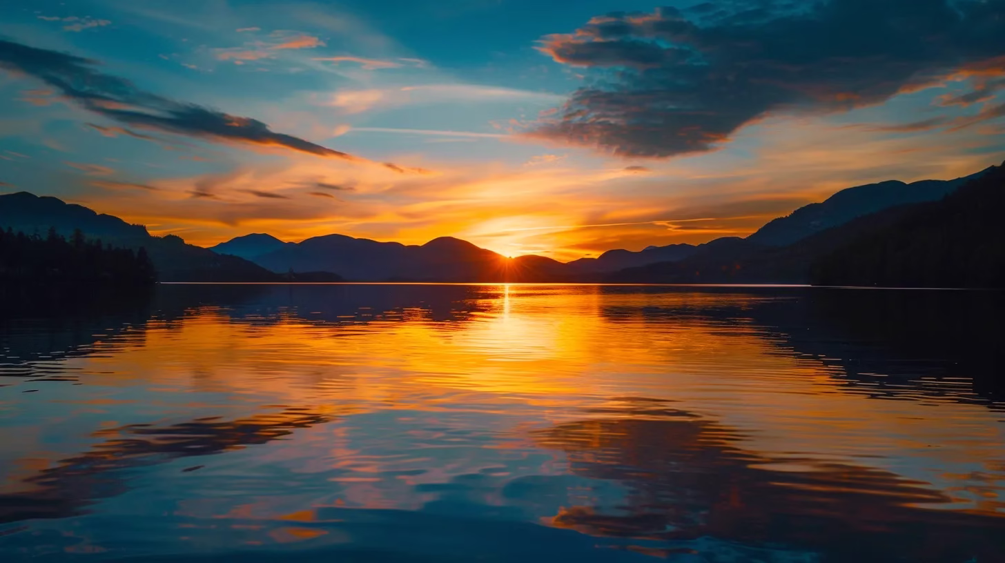 Transform Your Space With a Stunning Rock Water Feature 1 a vibrant sunset casts a golden glow over a tranquil lake, reflecting the majestic silhouette of towering mountains against a serene sky.