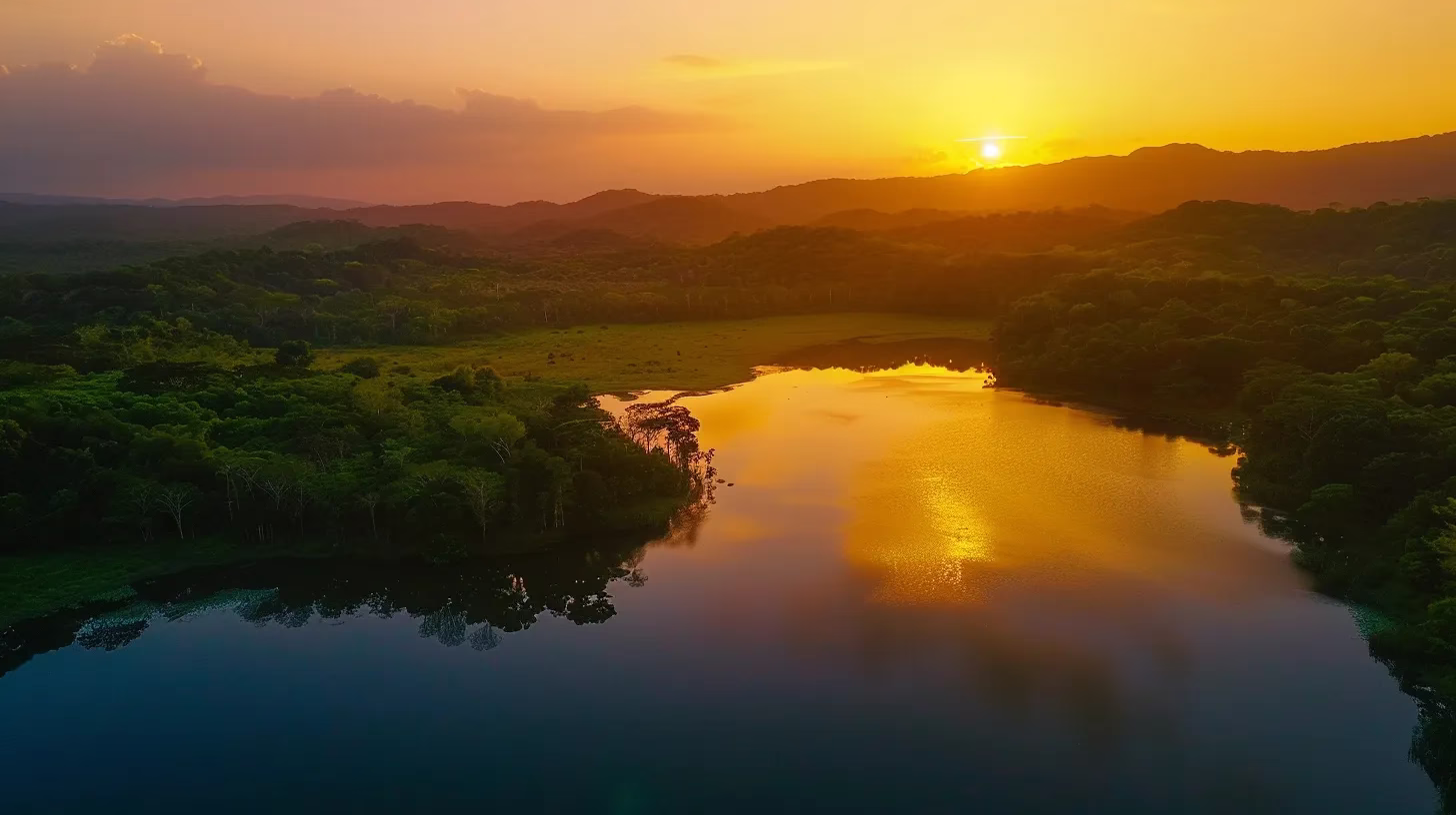 Creative Ideas for Wall Partition Design and Style 4 a vibrant sunset casts a golden glow over a serene lake, reflecting colorful sky hues on the water's surface surrounded by lush green forests.