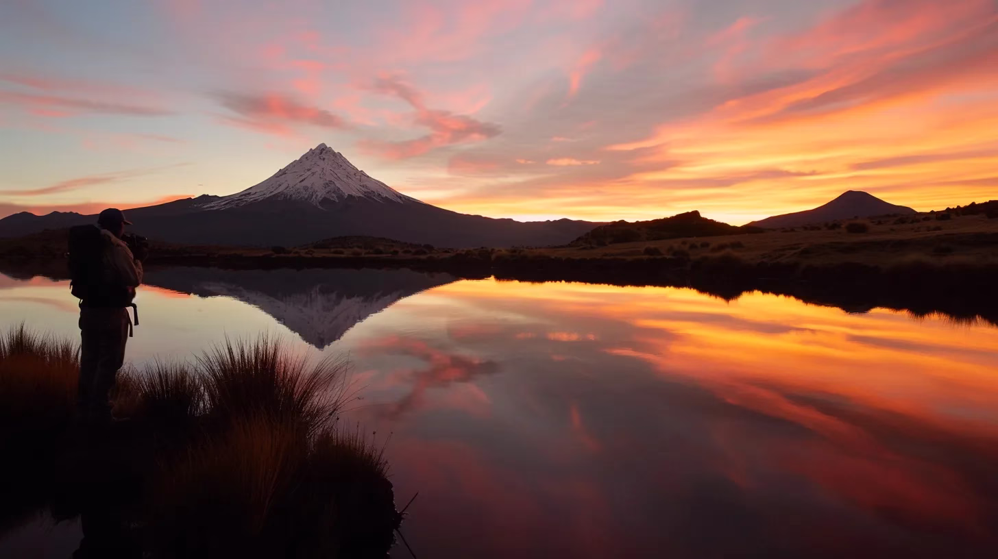 Stunning Landscape Water Features to Elevate Your Yard 1 a vibrant sunset casts a warm glow over a tranquil lake, reflecting the rich hues of orange and pink in the sky, while a solitary silhouette of a majestic mountain looms in the distance.