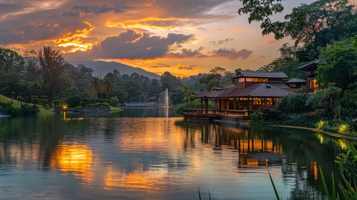 Elements to Consider for a Custom Hanging Water Feature 5 a vibrant sunset casts a golden glow over a serene lake, where lush greenery reflects in the still water, creating a tranquil and picturesque natural landscape.