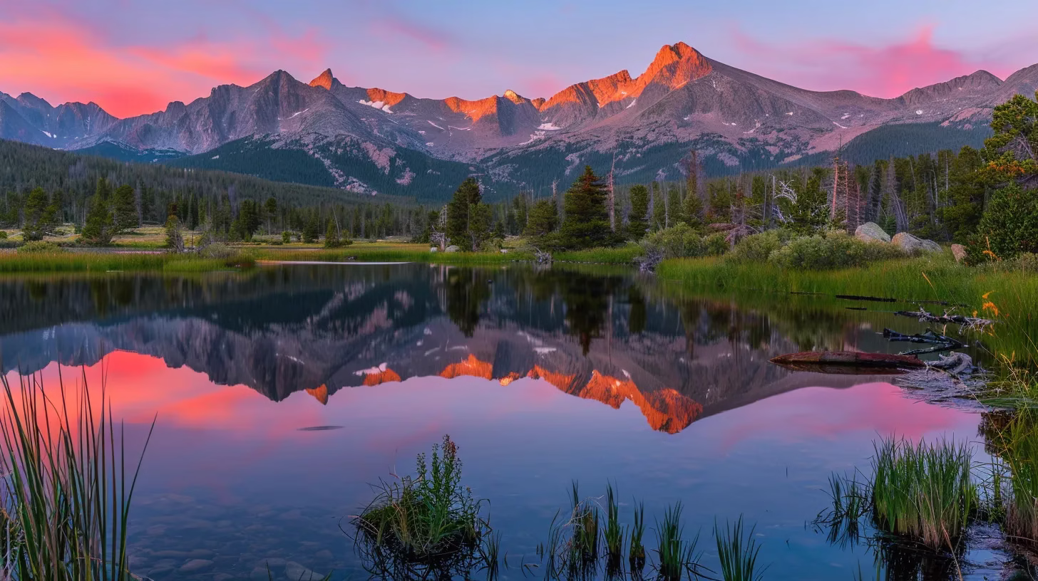Add Serenity to Your Bedroom With Water Sounds 3 a vibrant sunset casts a warm glow over a tranquil lake, reflecting the fiery hues of orange and pink, while majestic mountains rise majestically in the background under a clear blue sky.