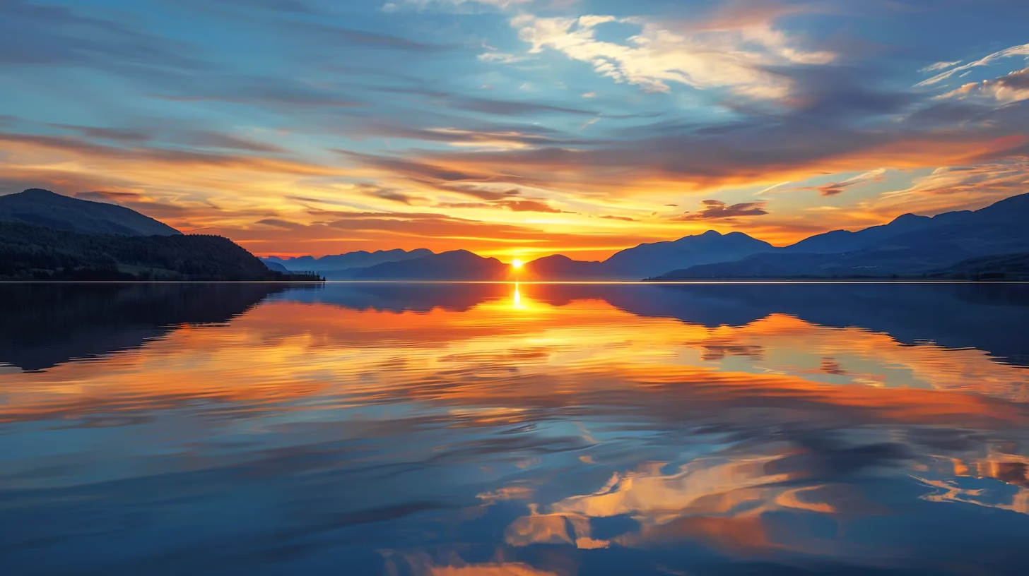 Add Serenity to Your Bedroom With Water Sounds 2 a vibrant sunset casts a warm golden hue over a tranquil lake, where majestic mountains reflect perfectly on the glassy surface, encapsulating the serenity of nature’s beauty.