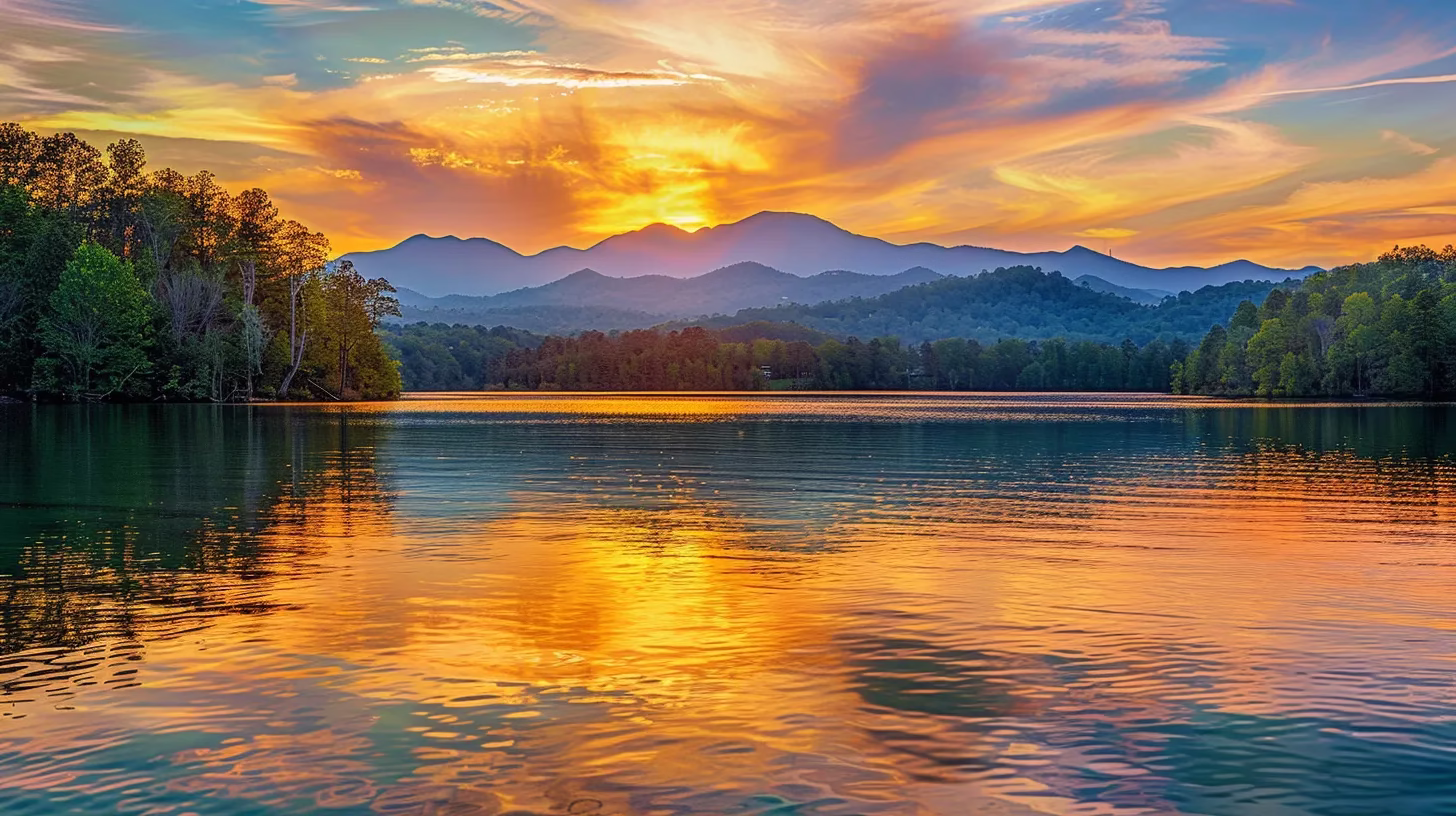 Creating Harmony With Modern Water Elements 6 a vibrant sunset casts a golden glow over a serene lake, where majestic mountains loom in the background, reflecting their rugged beauty on the still water's surface.