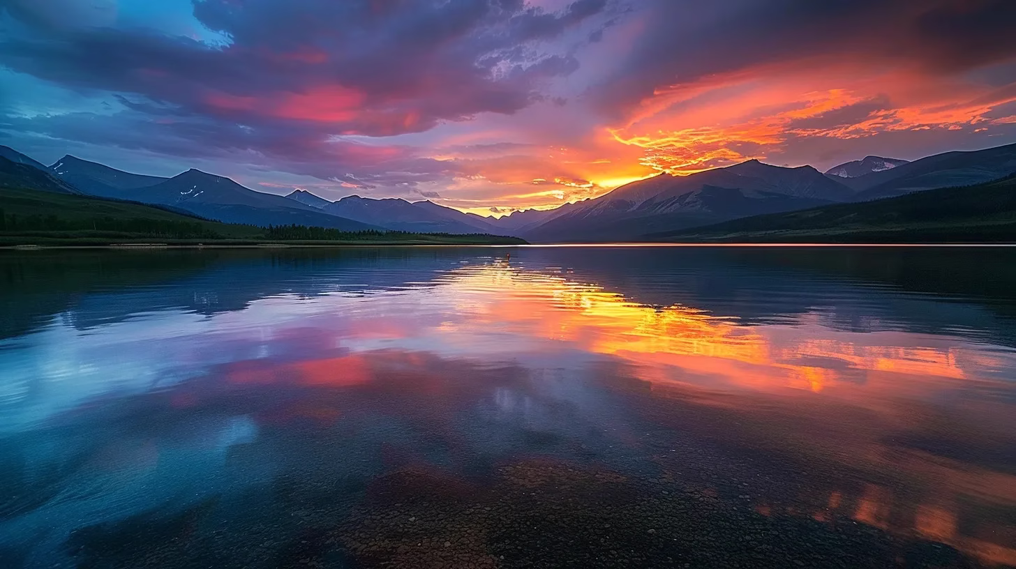 Affordable Fountain Outdoor for Sale for Garden Makeovers 6 a vibrant sunset casts a golden glow over a tranquil lake, with majestic mountains reflecting in the calm water, creating a harmonious blend of colors and serenity.