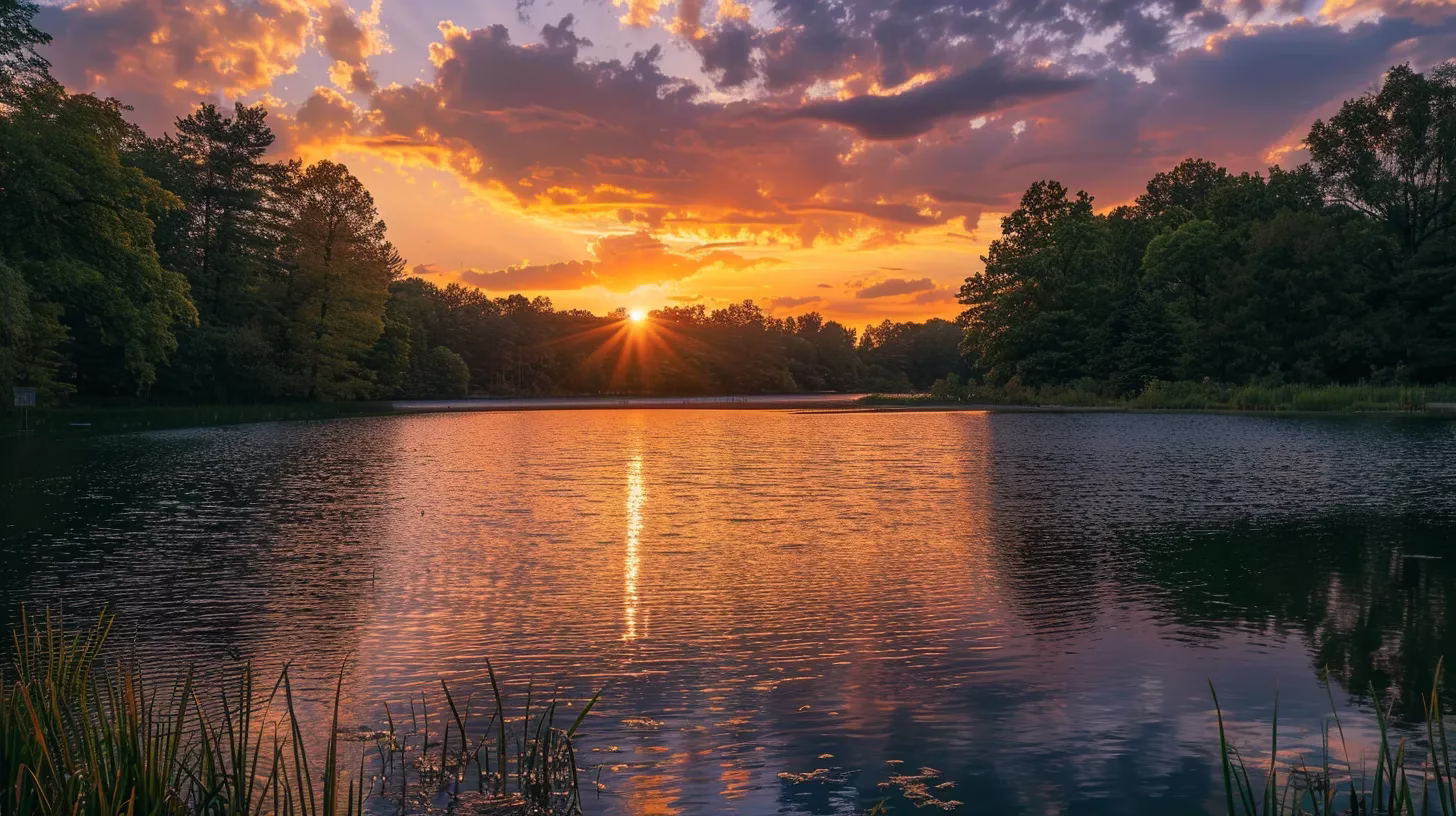 Unique Indoor Waterfall Design to Refresh Your Decor 3 a vibrant sunset casts a golden glow over a tranquil lake, reflecting the fiery hues of the sky and surrounded by lush, green trees.
