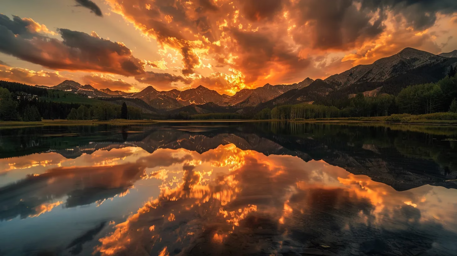 Outdoor Rain Safety: Best Practices for Weather Challenges 4 a vibrant sunset casts a golden hue over a tranquil lake, with majestic mountains reflecting off its glassy surface under a dramatic sky filled with swirling clouds.