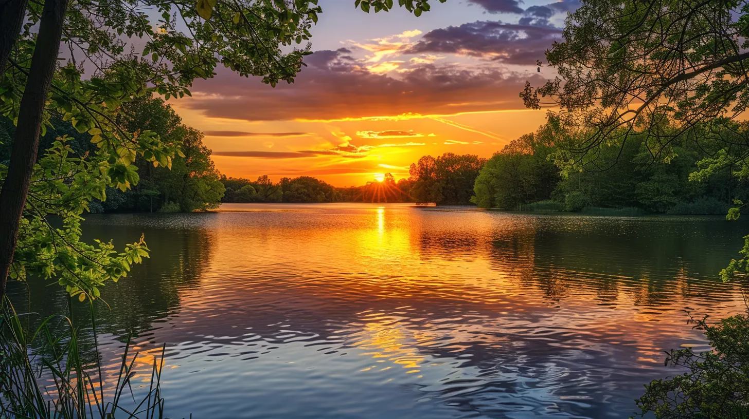 Innovative Wall Design Styles to Enhance Your Space 6 a vibrant sunset casts a warm golden glow over a tranquil lake, its mirror-like surface reflecting the fiery sky and lush green trees that frame the scene.