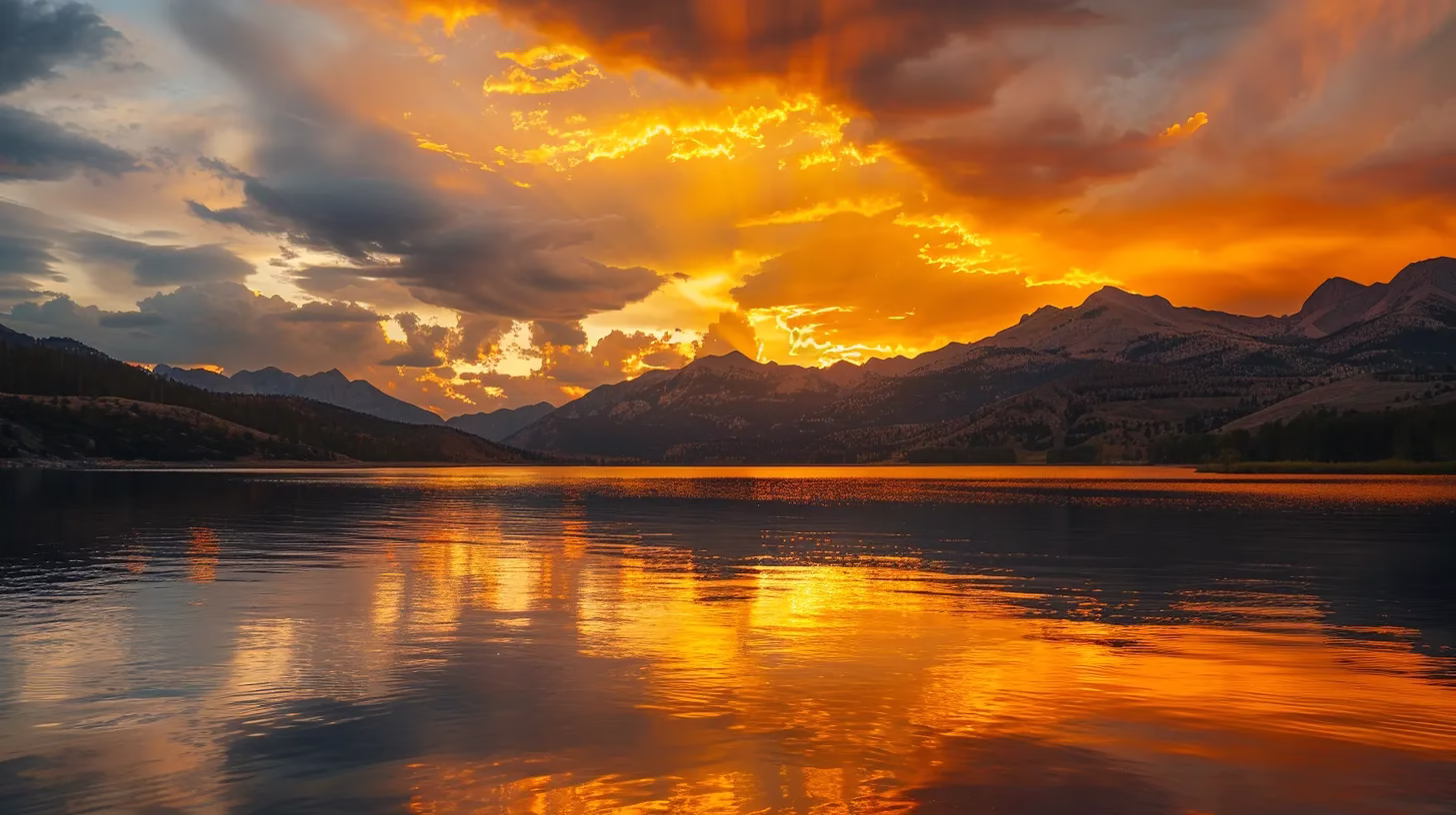 Designing a Rain Wall: Tips and Inspiration 3 a vibrant sunset casts a golden hue over a tranquil lake, reflecting the silhouettes of towering mountains against a dramatic sky filled with swirling clouds.