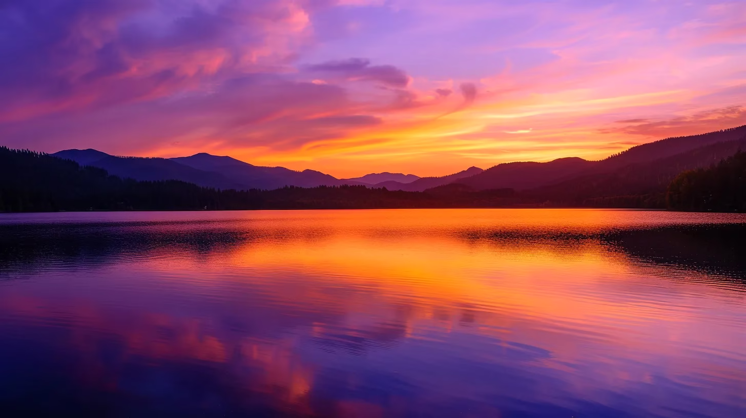 Fountain View: The Perfect Blend of Nature and Comfort 5 a vibrant sunset casts a warm golden glow over a tranquil lake, reflecting the brilliant hues of orange, pink, and purple sky, with silhouetted mountains framing the serene landscape.