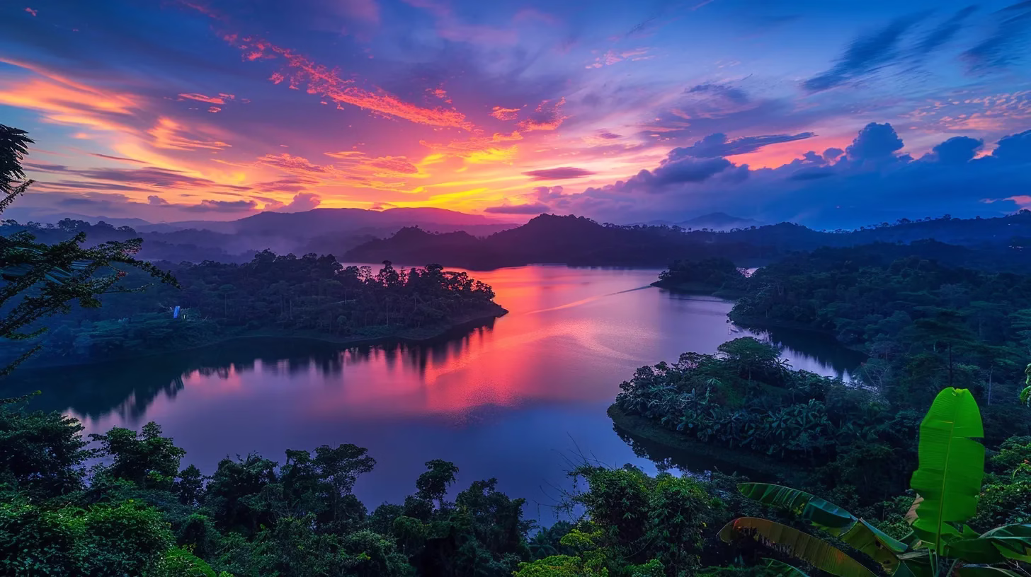 The Beauty of Stone: A Timeless Material for Design 1 a vibrant sunset casts a dramatic glow over a tranquil lake surrounded by lush, green forests, creating a serene and captivating landscape.