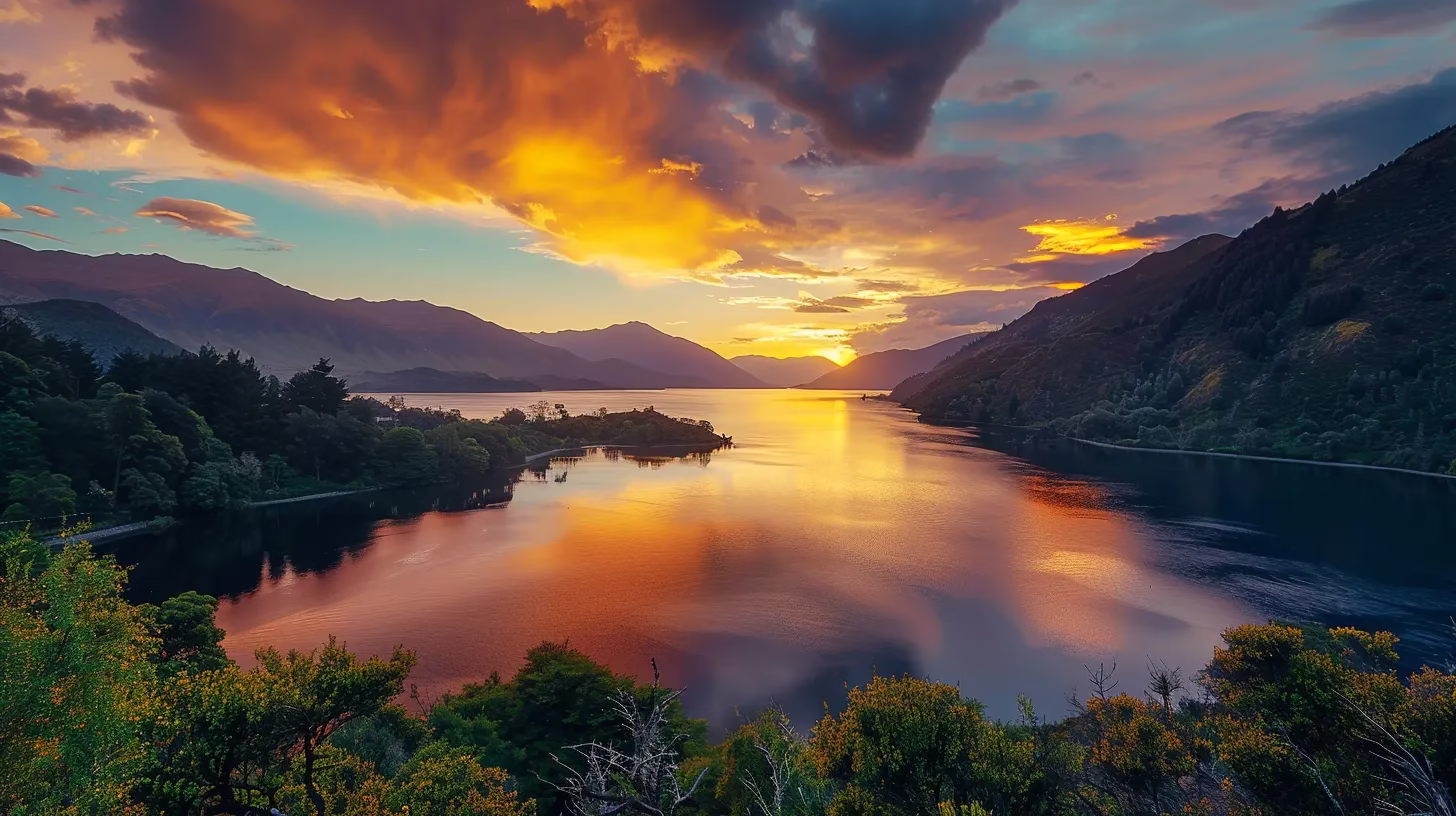 How Water Sculpture Elevates Landscape Design 7 a vibrant sunset casts a golden glow over a tranquil lake, reflecting the fiery colors of the sky and surrounded by lush greenery, creating a serene and picturesque landscape.