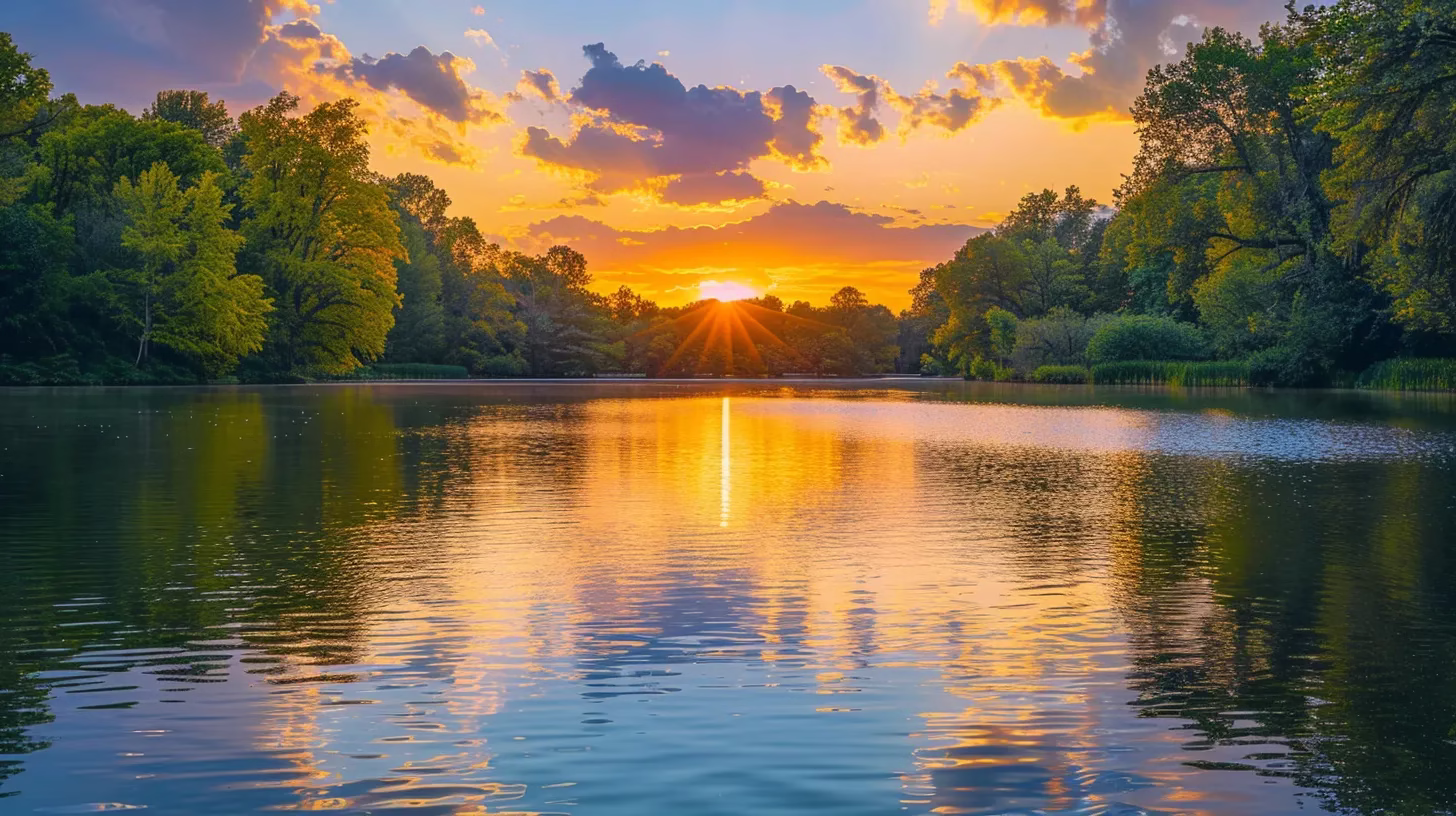 How LED Water Transforms Hydration Experiences 6 a vibrant sunset casts a golden glow over a serene lake, reflecting the vivid colors of the sky and surrounded by lush, verdant trees.